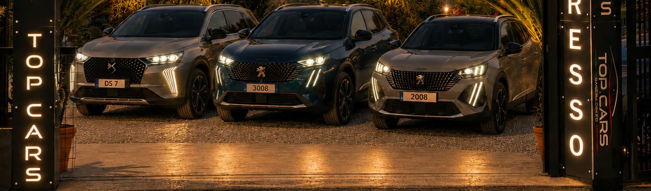 Le auto di Top Cars in esposizione nel piazzale, illuminate al tramonto
